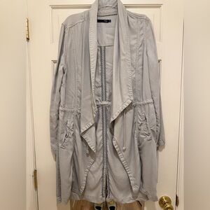 Max Jeans Gray Open Front Trench Coat Asymmetrical Draped Design Drawstring